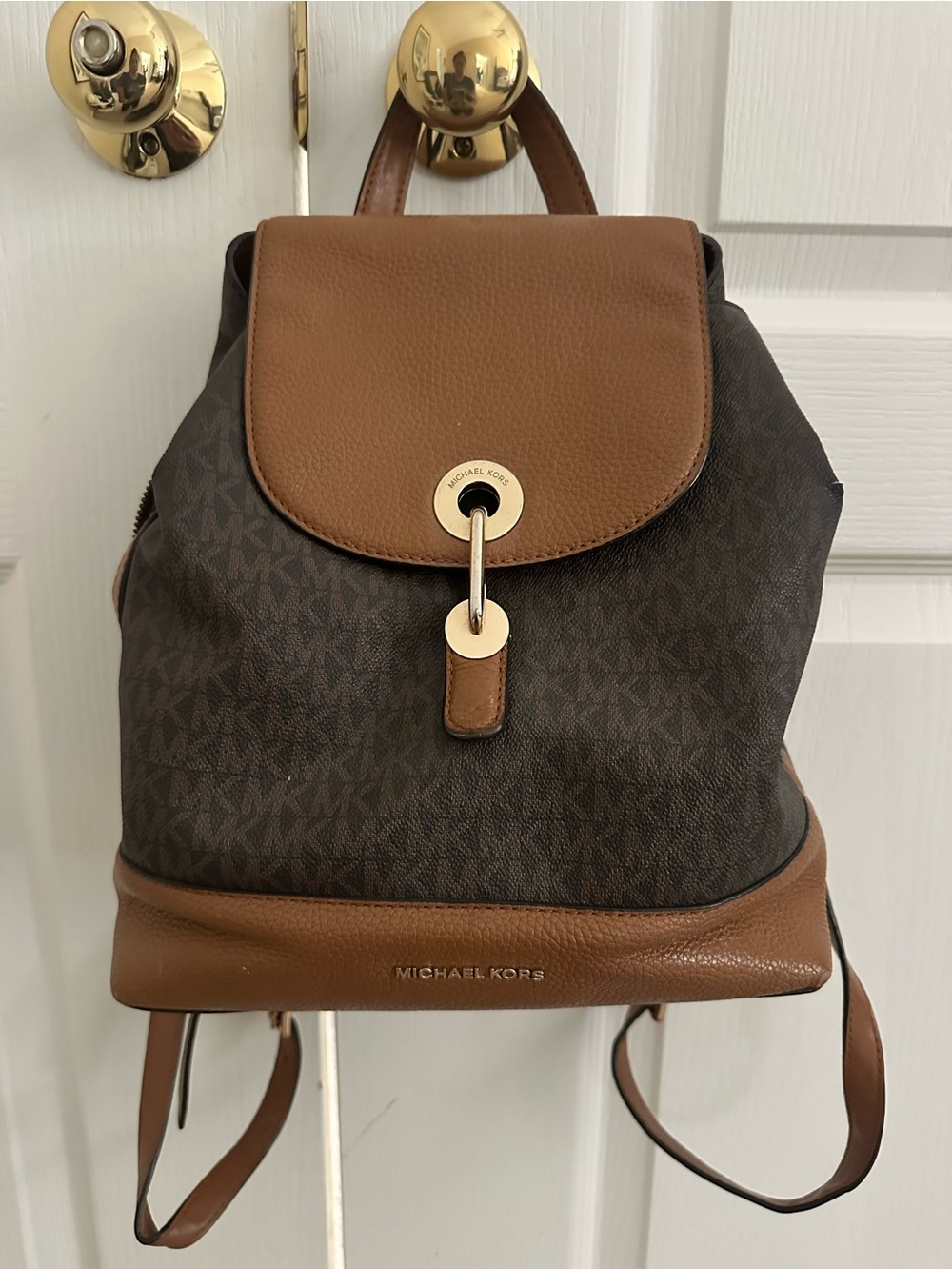 Michael Kors Raven Brown Logo Backpack with Tan Leather Trim